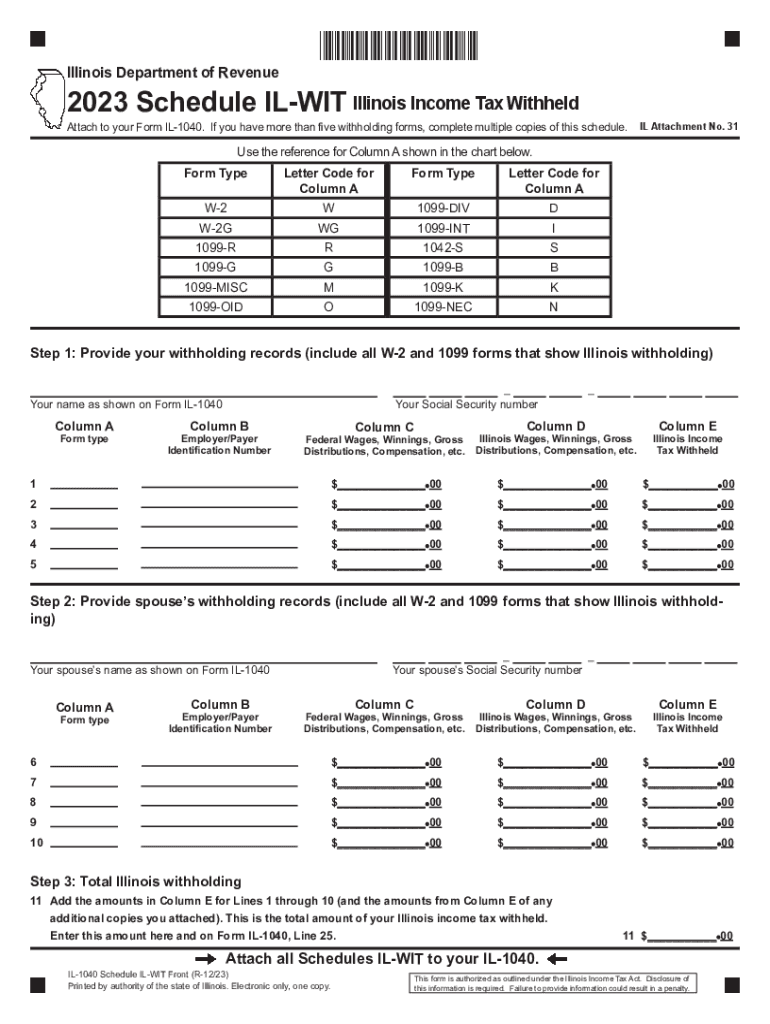  Form IL IL 1040 Schedule IL WIT Fill Online 2023-2024