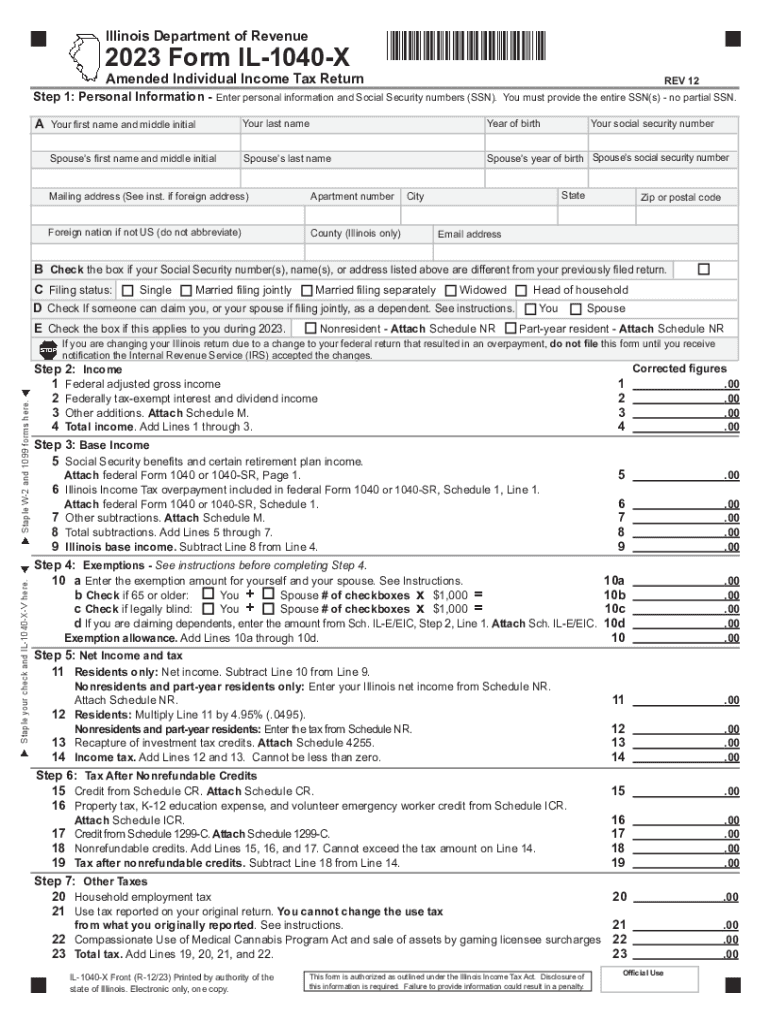  Form IL 1040 X Amended Individual Income Tax Return 2023-2024