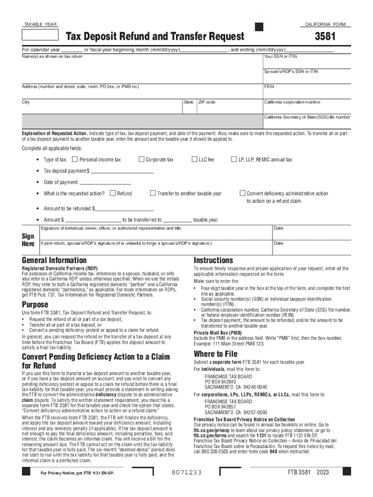  Form 3581 Tax Deposit Refund and Transfer Request Form 3581 Tax Deposit Refund and Transfer Request 2023-2024