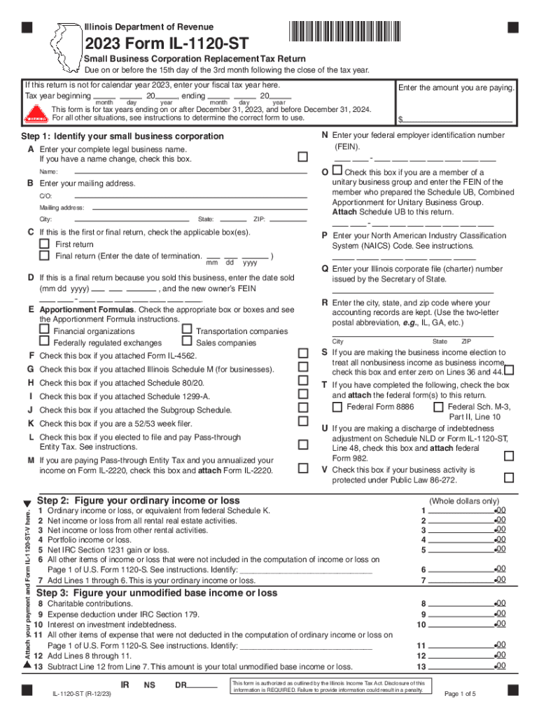  Form IL 1120 ST, Small Business Corporation Replacement Tax Return 2023-2024