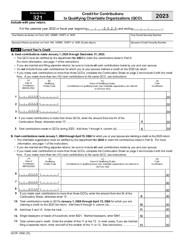  Arizona Form 321 Credit for Contributions to Qualifying 2023-2024