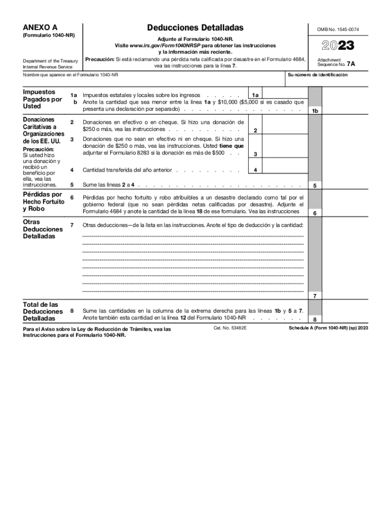  Schedule a Form 1040 NR Sp Itemized Deductions Spanish Version 2023-2024