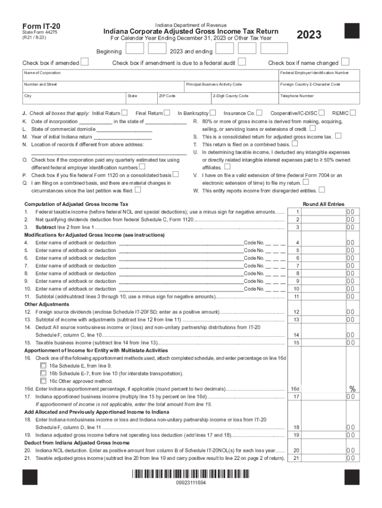  Indiana Form it 20 Corporate Adjusted Gross Income Tax 2023-2024