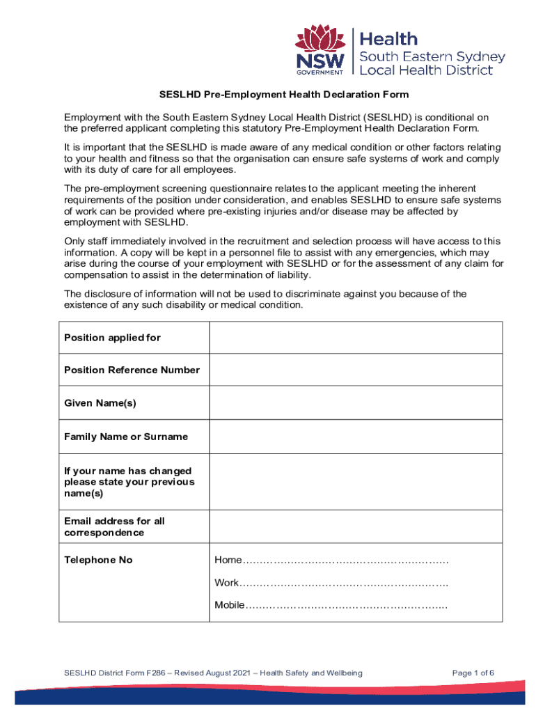 SESLHD Pre Employment Health Declaration DOC Template  Form