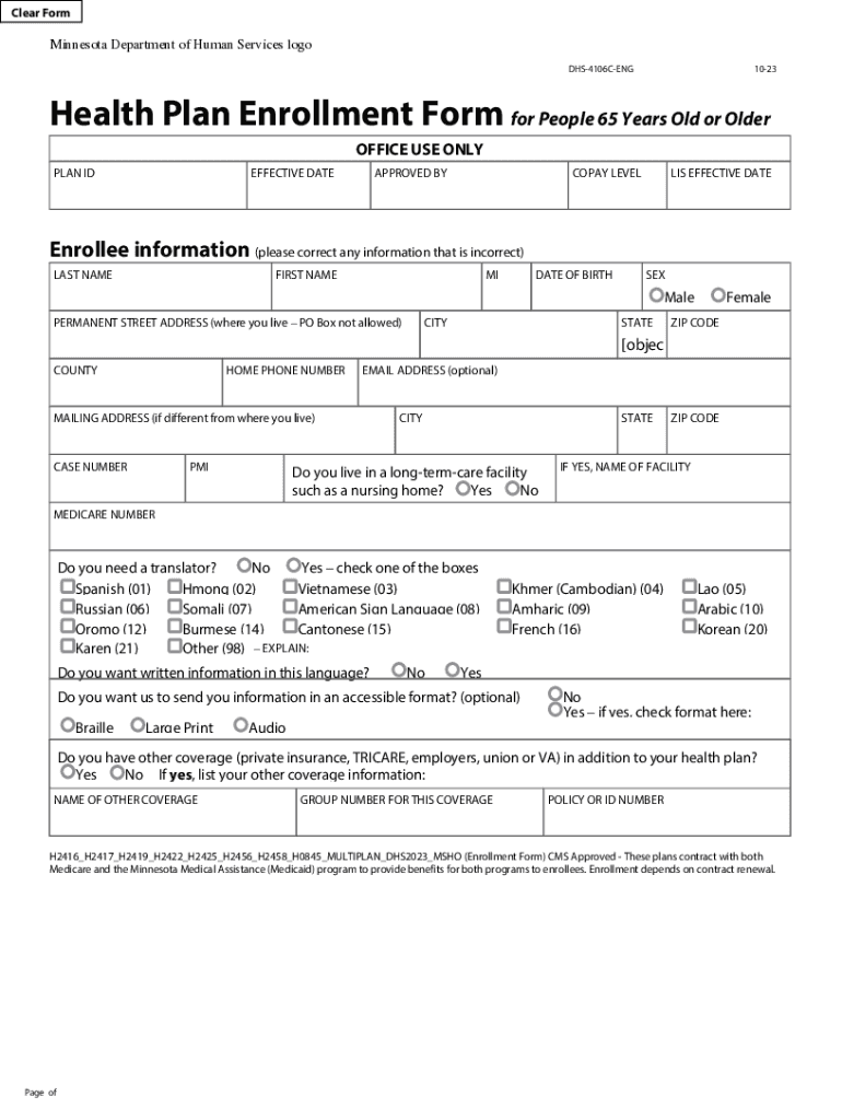  DHS 4106C ENG Health Plan Enrollment Form for People 65 or Older Form PDF 2023-2024