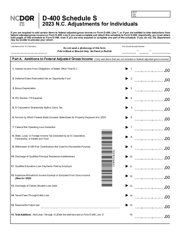  Web 8 23 D 400 Schedule S for Use Only N C 2023-2024