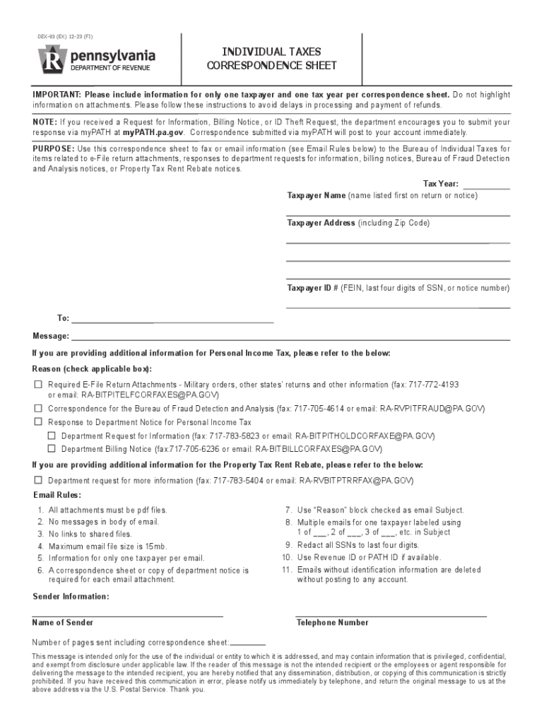 Pennsylvania Form DEX 93 Personal Income Tax