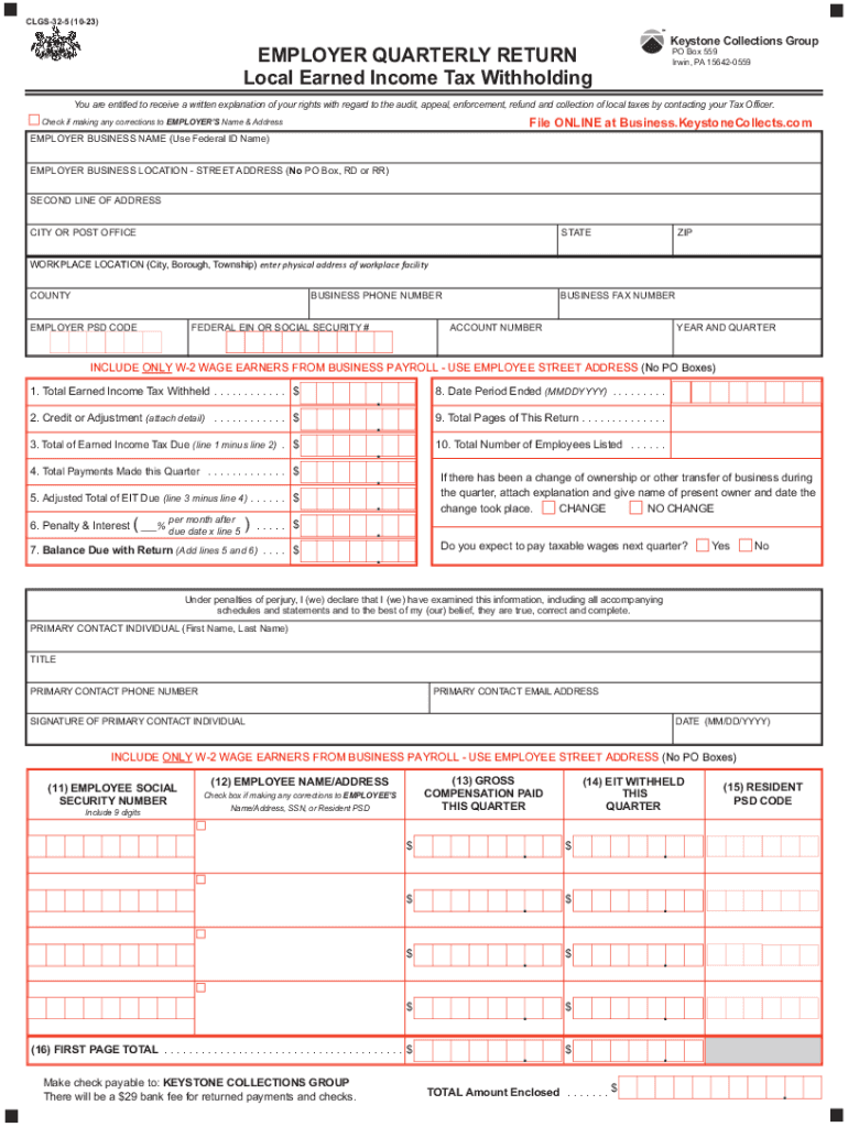  Employer Quarterly Return Earned Income Tax Withholding 2023-2024