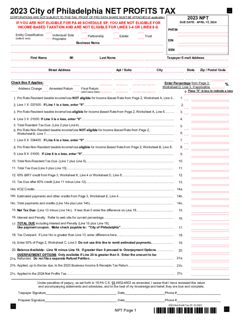  City of Philadelphia NET PROFITS TAX 2018