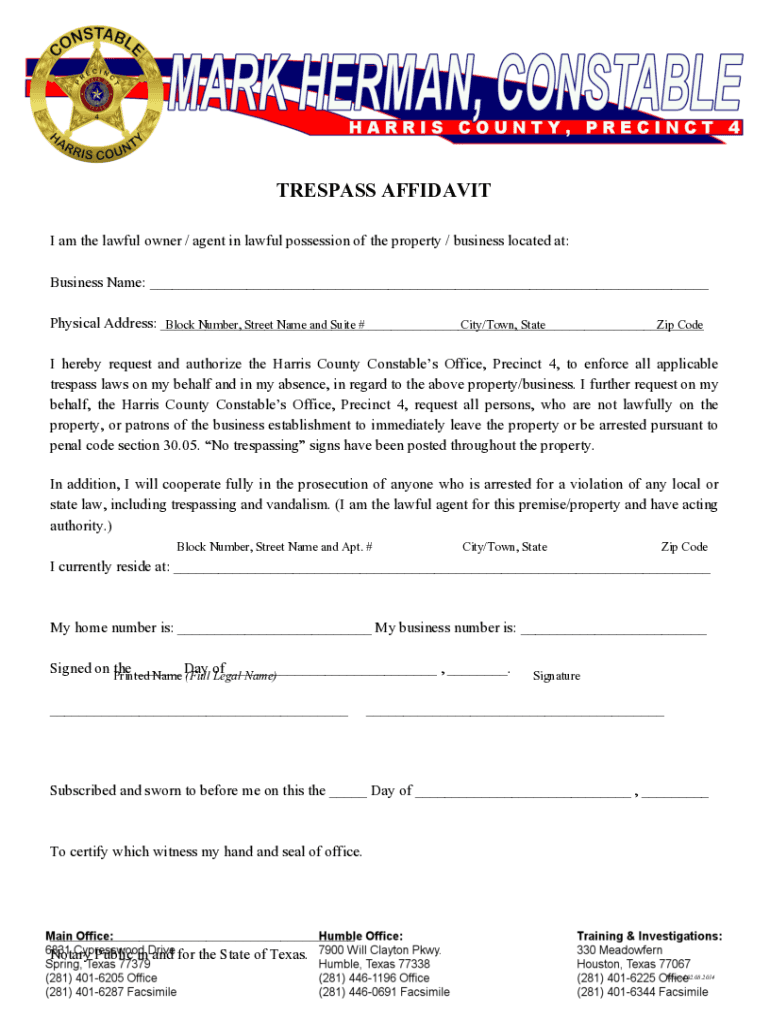 Application and Affidavit Trespass Enforcement  Form