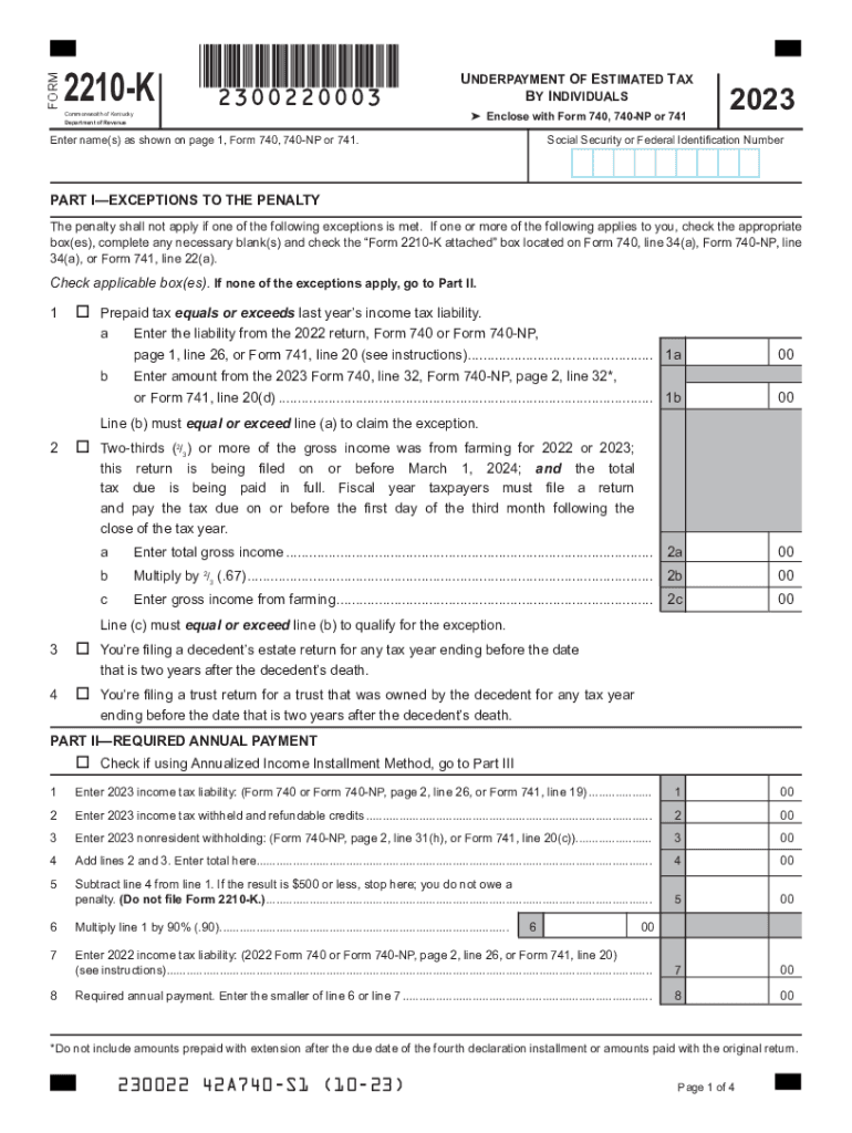  KY Form 2210 K Fill and Sign Printable Template 2023-2024
