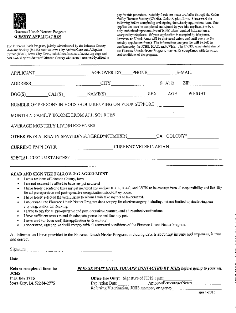 Florence Nash Neuter Program SUBSIDY APPLICATION T  Form