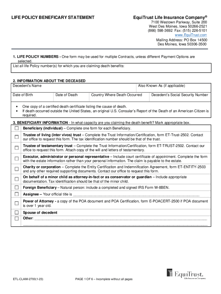 Life Insurance Claimant Statement Generic  Form