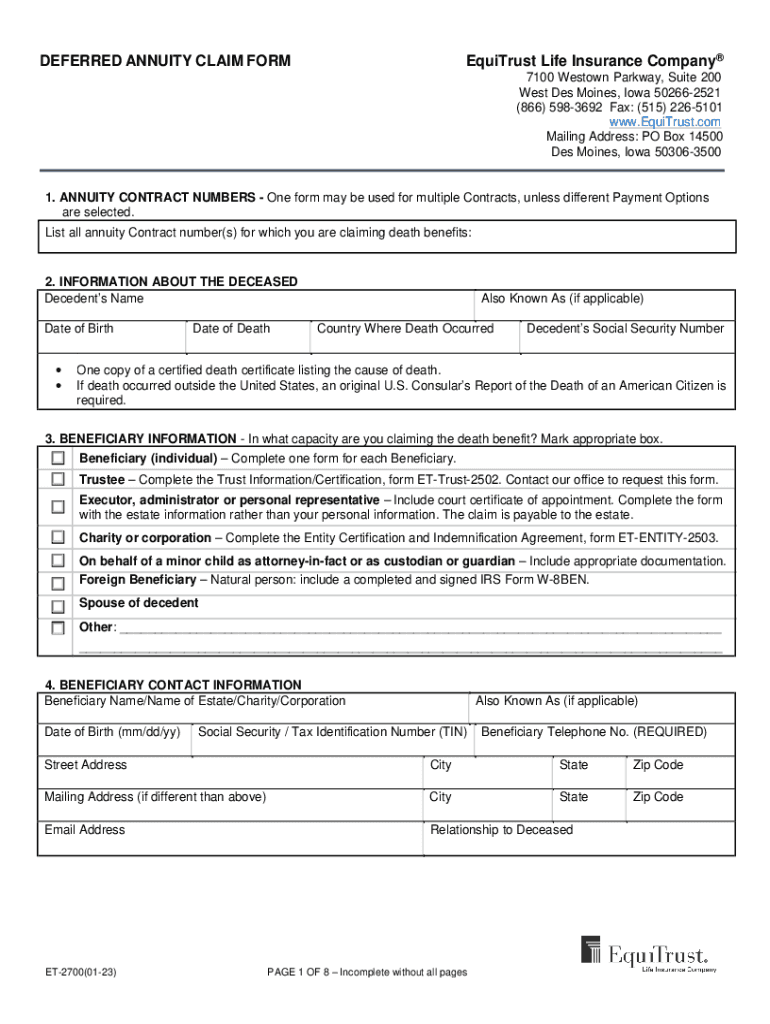  Get DEFERRED ANNUITY CLAIM FORM EquiTrust Life 2023-2024