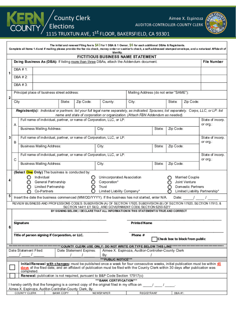 Superior Court of California, County of Kern Civil Fee  Form