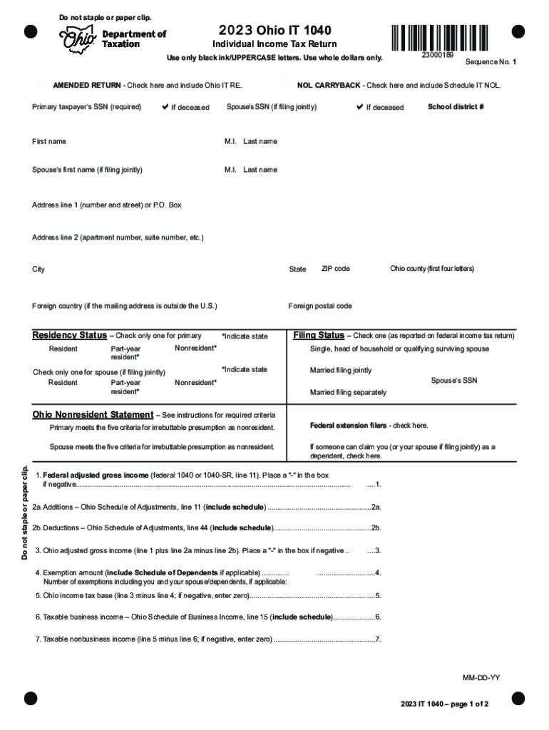  Ohio it 1040 Do Not Staple or Paper Clip Hio 2023-2024