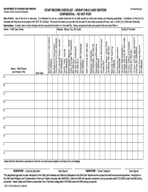  Staff Record Checklist Group Child Care Centers, DCF F CFS 1675A Page 1 of Form Dcf Wisconsin 2015