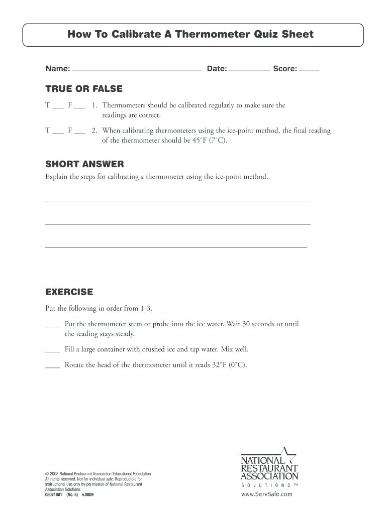 How to Calibrate a Thermometer Quiz Sheet  Form