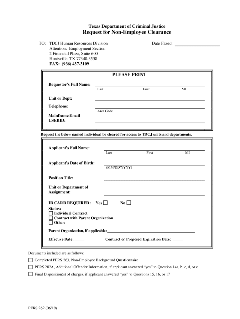  Request for Non Employee Clearance PERS 262 Request for Non Employee Clearance PERS 262 2019-2024