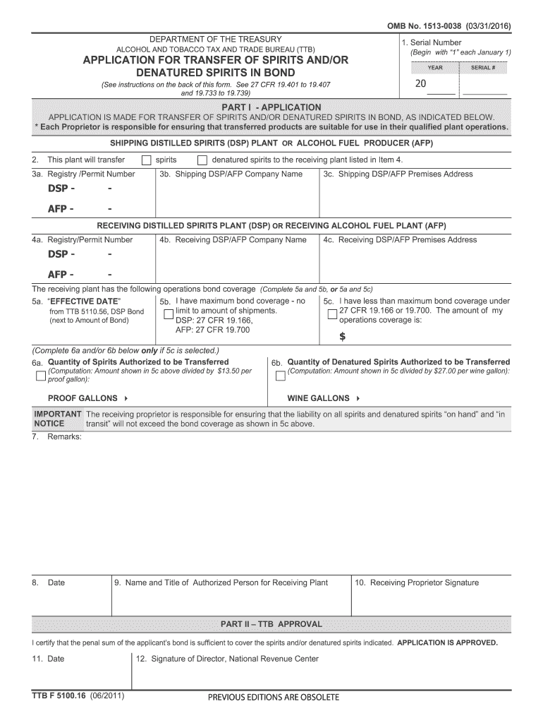  Application for Transfer of Spirits Andor Denatured Spirits in Bond Ttb 2016-2024