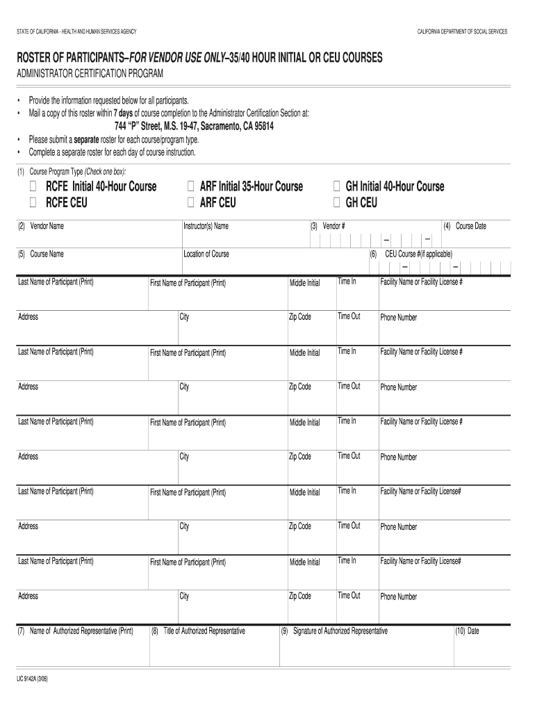  LIC 9142A 306  Roster of Participants  California Department of    Dss Cahwnet 2006