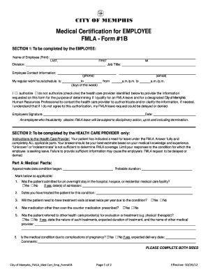 Medical Certification for EMPLOYEE FMLA Form #1B Memphistn