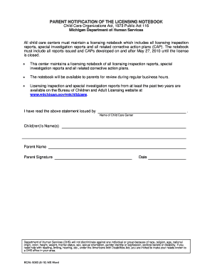 BCAL 5053, Parent Notification of the Licensing Notebook BCAL 5053, Parent Notification of the Licensing Notebook Michigan  Form