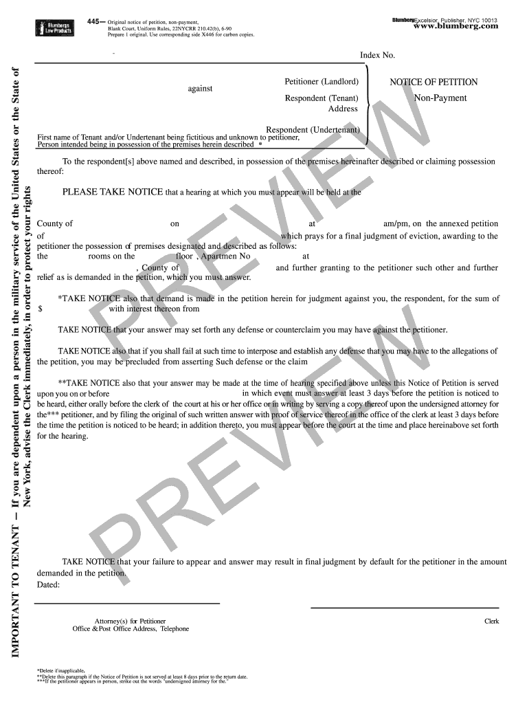 Notice of Petition Non Payment Form