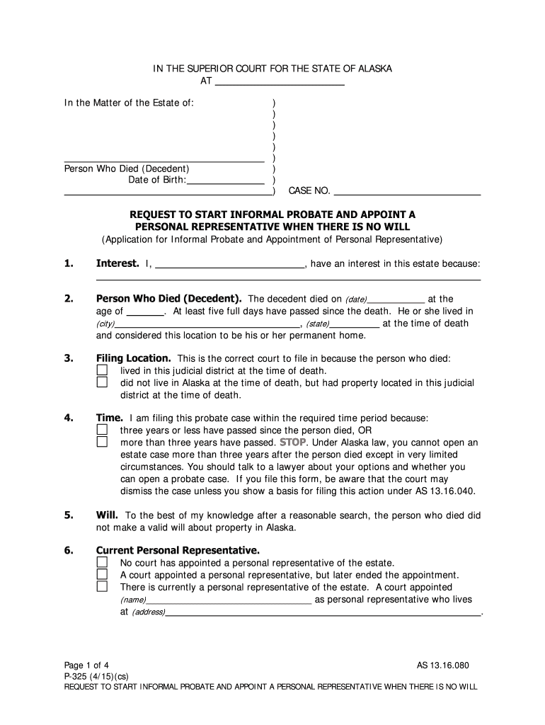 P 325 Request to Start Informal Probate and Appoint a Personal