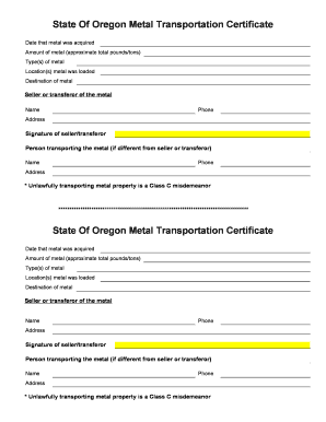 Oregon Metal Transportation Certificate  Form