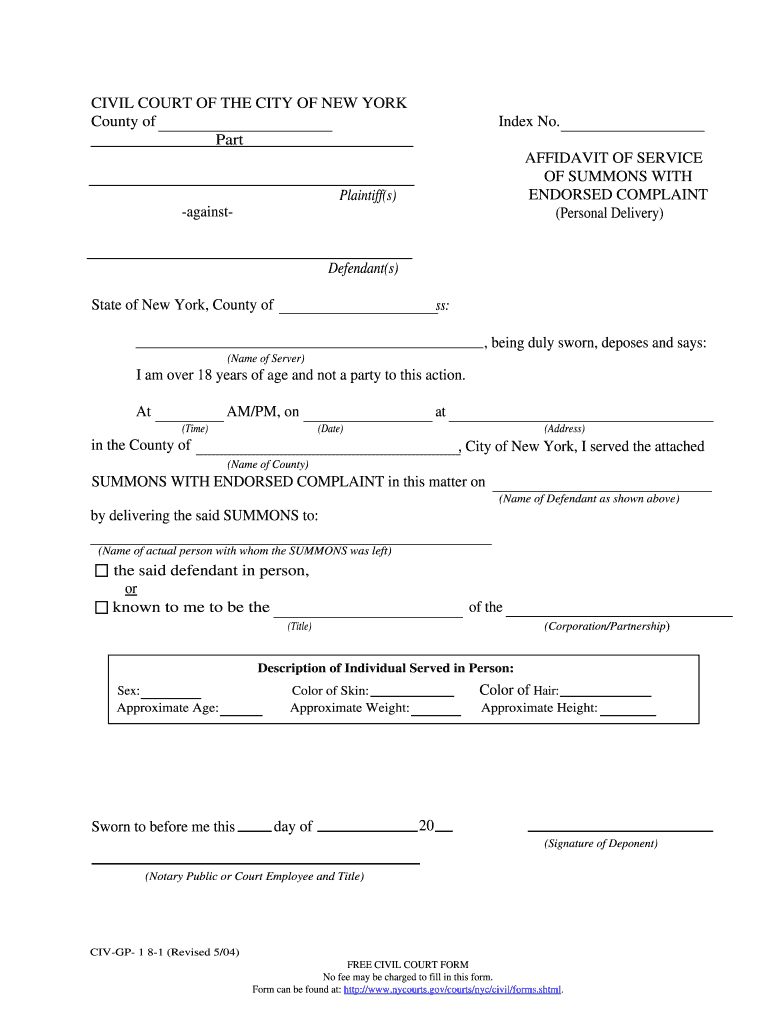 CIVIL COURT of the CITY of NEW YORK County of Part Index No Nycourts  Form