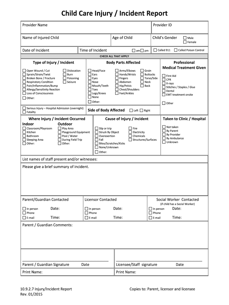 Child Care Injury Incident Report Provider Name Provider ID Name of Injured Child Age of Child Date of Incident Child S Gender T  Form