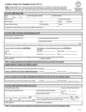  Uniform Waste Tire Manifest Form WT 2 NOTE Pursuant to 30 20 1401, Et Seq, of the Colorado Revised Statutes C Colorado 2012