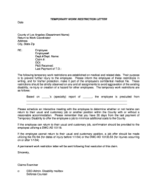 Work Restrictions Letter from Doctor  Form