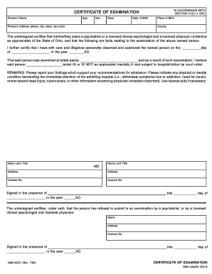 CERTIFICATE of EXAMINATION State of Ohio  Form