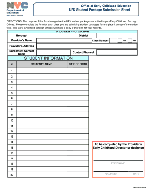 Upk Student Package Submission Sheet  Form