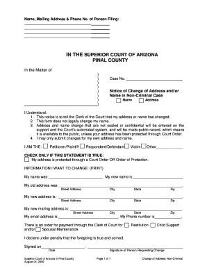 Change of Address in a Non Criminal Case Pinal County Clerk of  Form