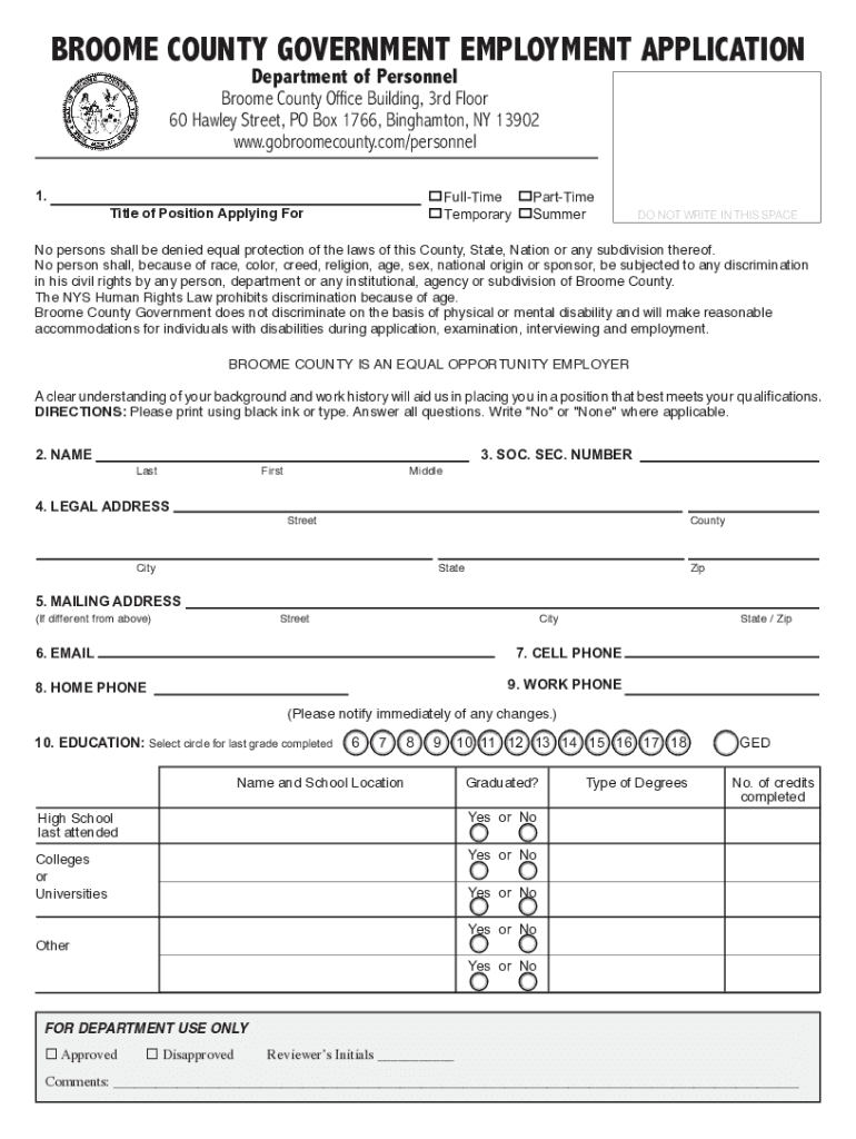 BROOME COUNTY GOVERNMENT EMPLOYMENT APPLICATION De  Form