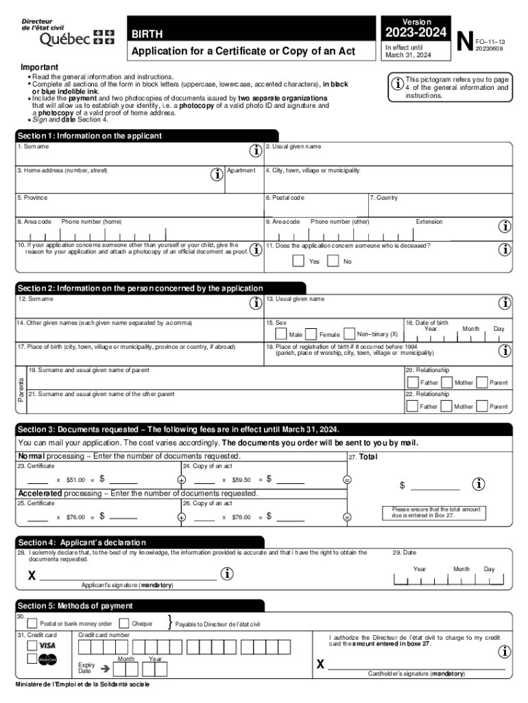  Application for a Certificate or Copy of an Act of Birth 2023-2024