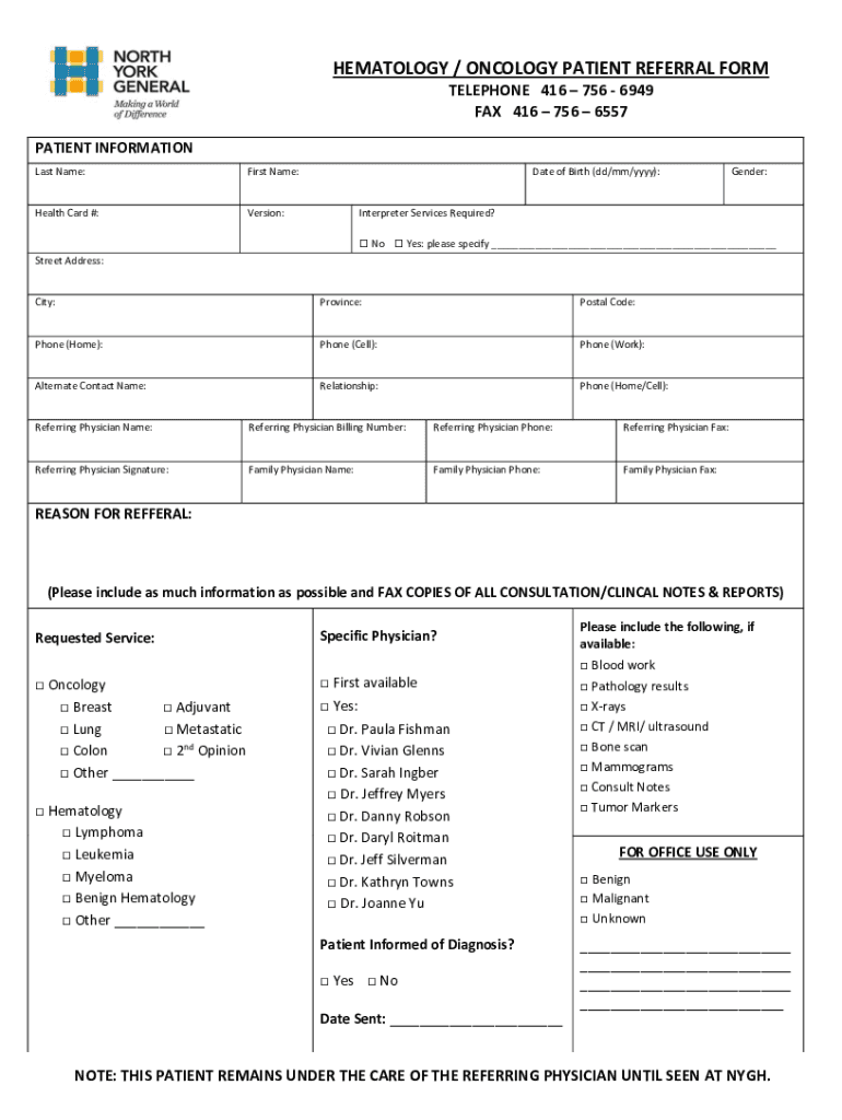  Carlo Fidani Regional Cancer Centre Patient Referral Form 2023-2024