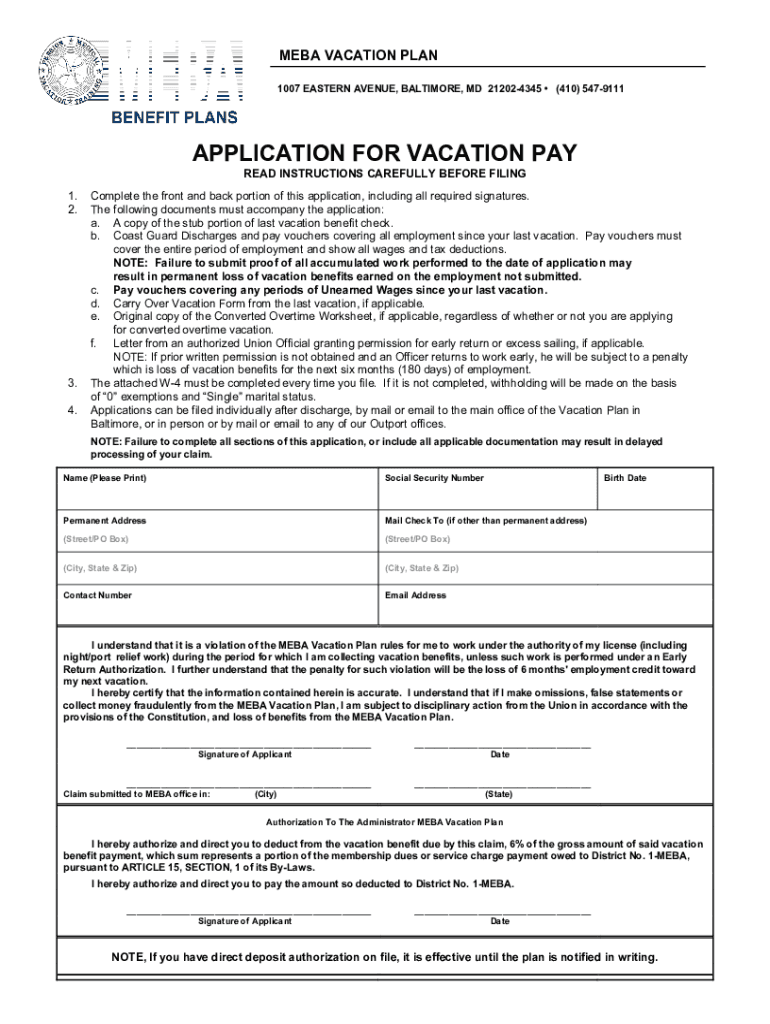  APPLICATION for VACATION PAY MEBA Benefit Plans 2024