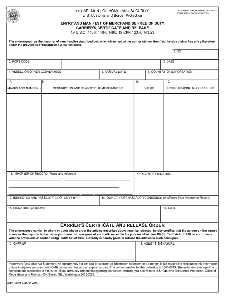 DEPARTMENT of HOMELAND SECURITY U S Customs and B  Form