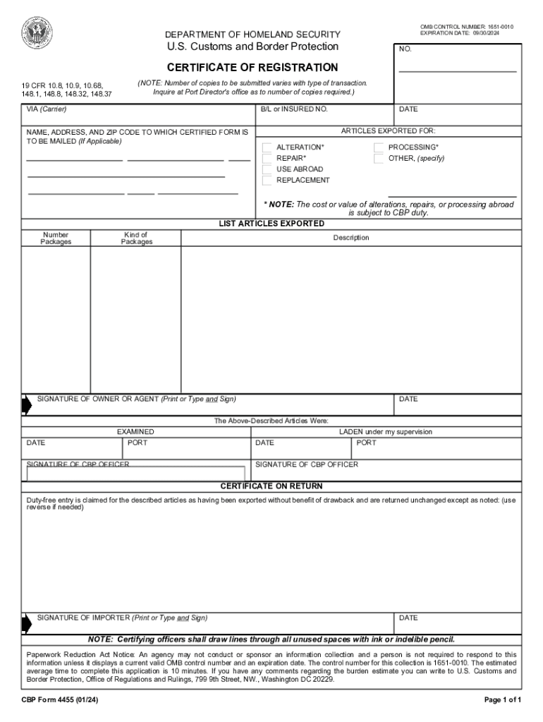 U S Customs and Border Protection CERTIFICATE of  Form