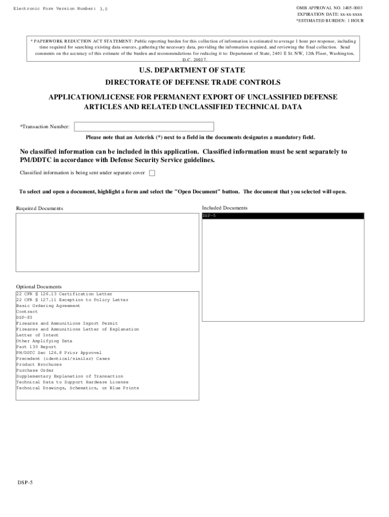  Form DSP 5 DSP 5 Application License for Permanent Export of Unclassified 2015-2024