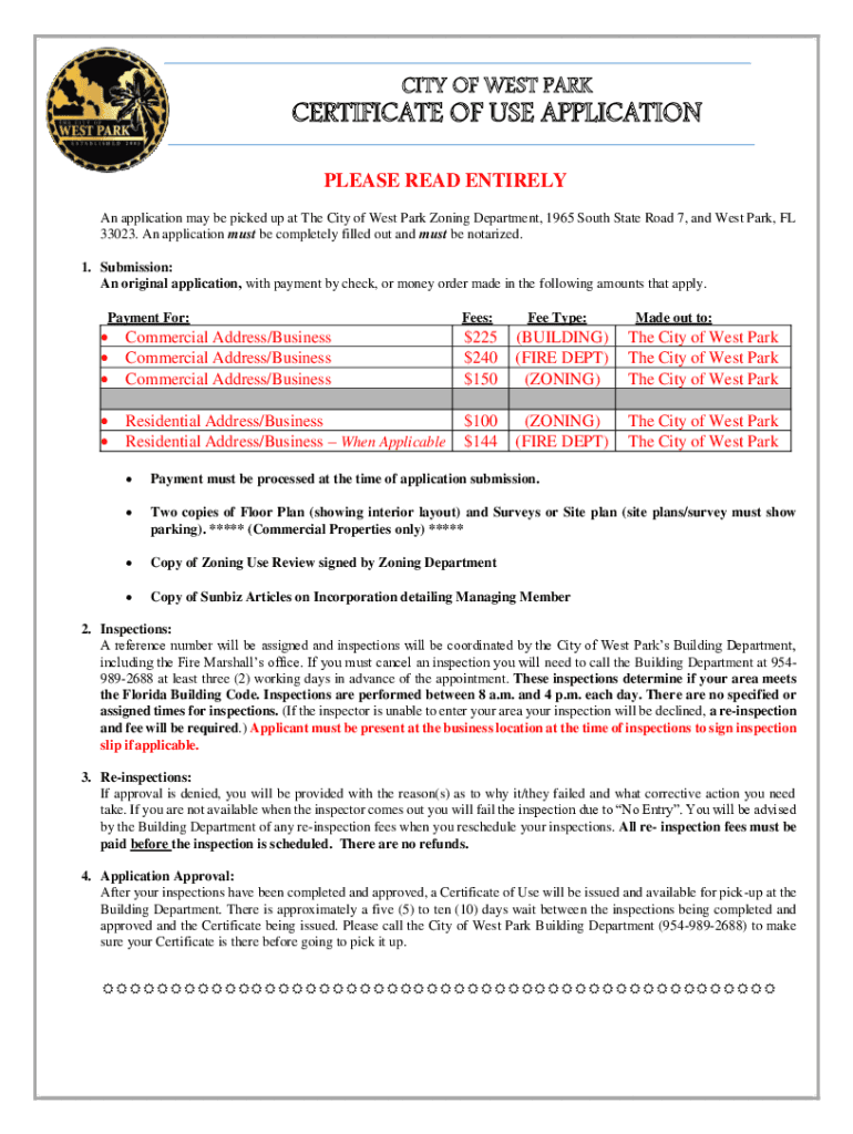 Certificate of Use Purpose and ProcessWest Park  Form