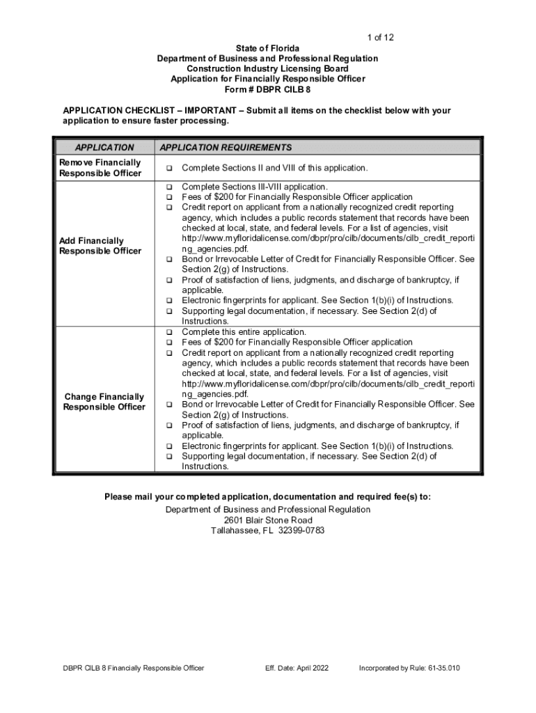 DBPR CILB 8 Application for Financially Responsible  Form