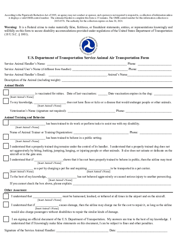  U S Department of Transportation Service Animal Air Transportation Form 2024