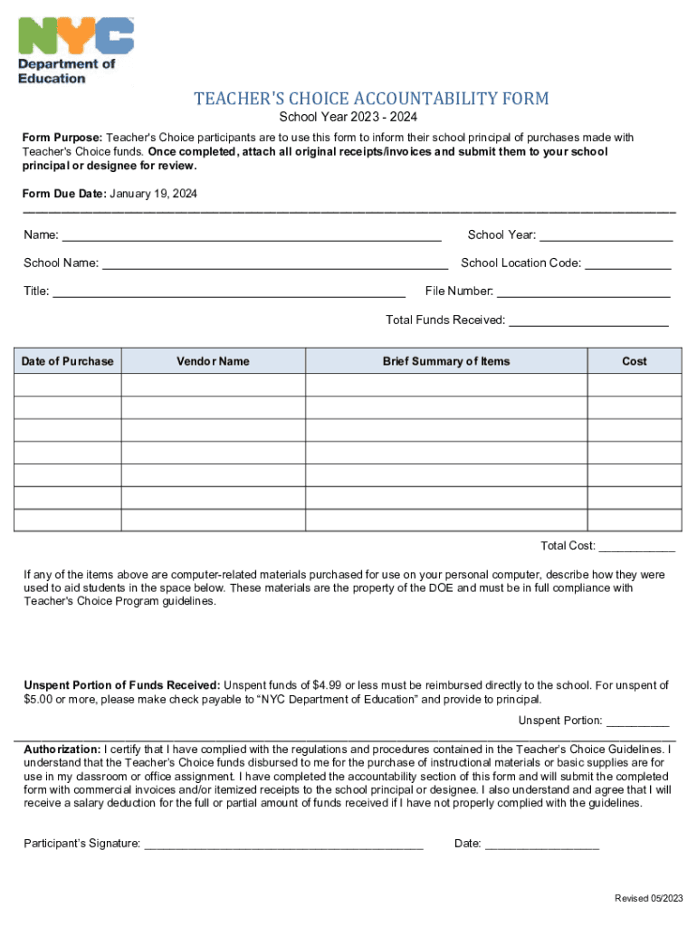  Teacher&#039;s Choice Accountabilty Form SY 22 2023-2024