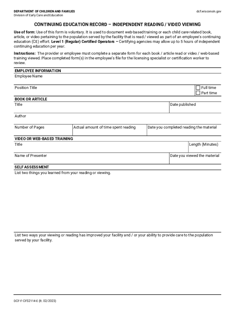  Continuing Education Record Independent Reading Video Viewing, DCF F CFS2114 E 2023-2024