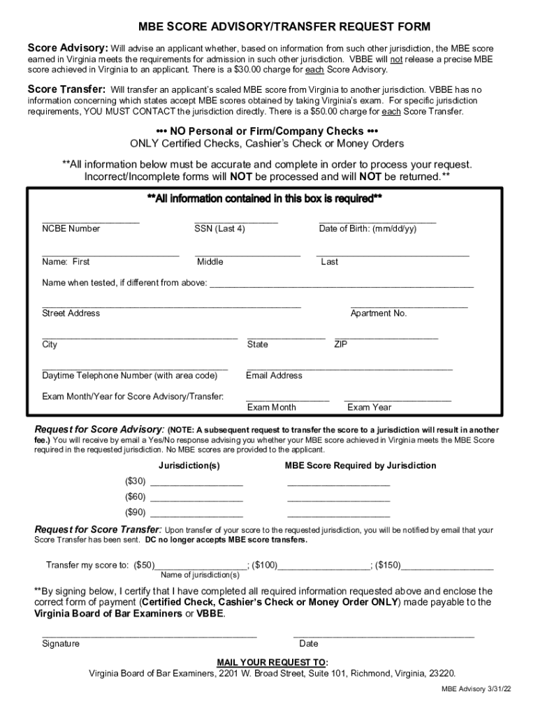  Get VA Bar MBE Score AdvisoryTransfer Request Form 2022-2024